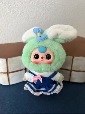 Baby Three 80% keychain Mint Plush Bunny Doll in Mint Green with Navy Dress